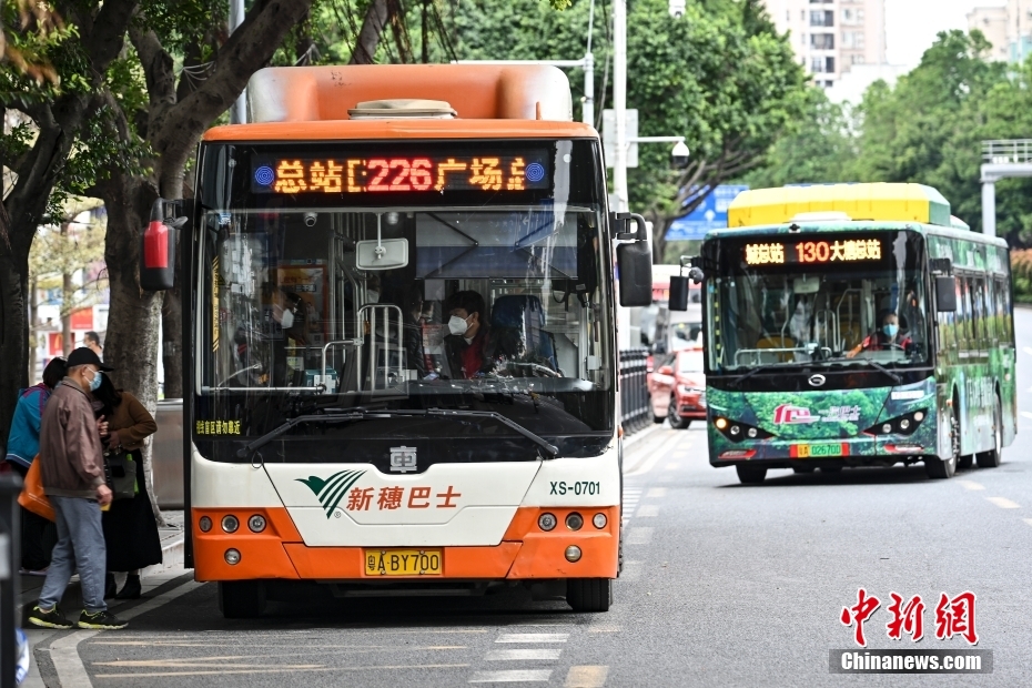 12月1日，廣東省廣州市海珠區(qū)，公交車有序進站。中新社記者 陳驥旻 攝 